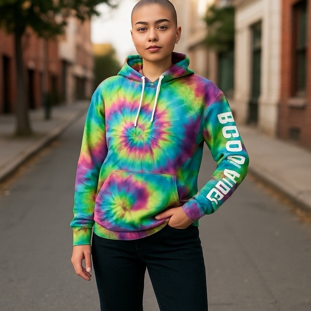 Tie Dyed Hooded Sweatshirt GOOD VIBES on Long Sleeve Size Women's M Pullover